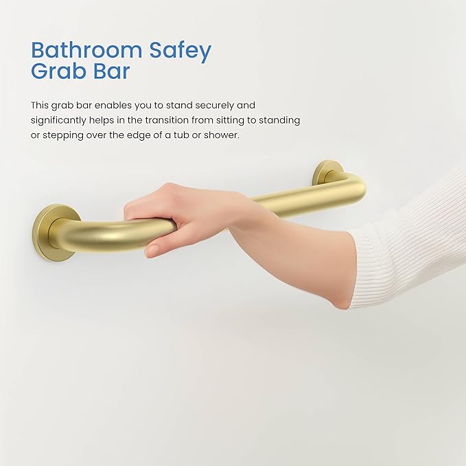 KIBI 36 Inch Stainless Steel Bathroom Safety Grab Bar | Curved Shaped Grab Bar for Bathtubs and Showers, Shower Safety Grab Bars for Seniors, Wall Mounted Anti-Slip Support (Brushed Gold, KGB1036)