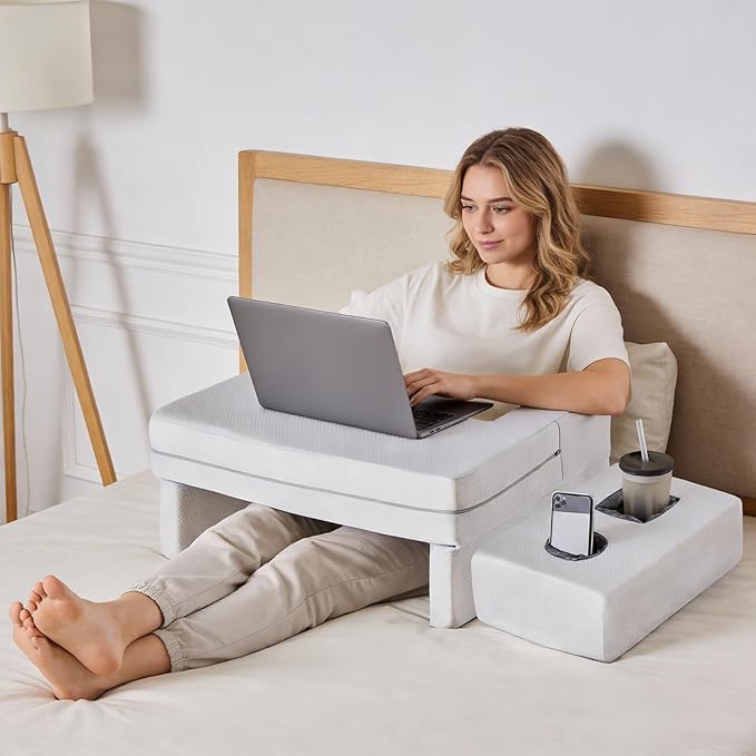 Reading Pillow Lap Desk with Storage Coaster, Adjustable Ergonomic Arm Rests for Laptop, Gaming, Reading, Working on Bed, Couch & Floor for Adults, Square, Grey