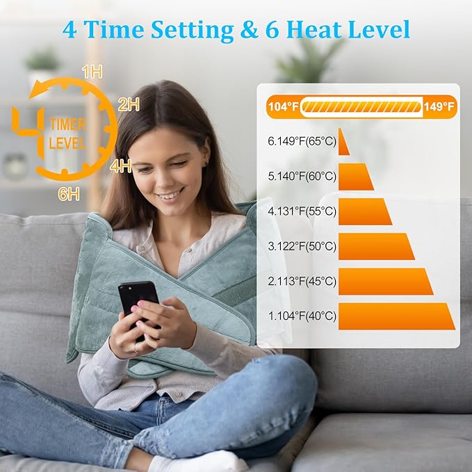 Heating Pad Back Pain Relief Electric Heating Pad for Period Cramps Lower Back Neck Shoulders Pain Relief 6-Hour Auto Off 12x24 Heated Pad + 20" Belt 4 Timer 6 Heat Level Wrap (Gray)