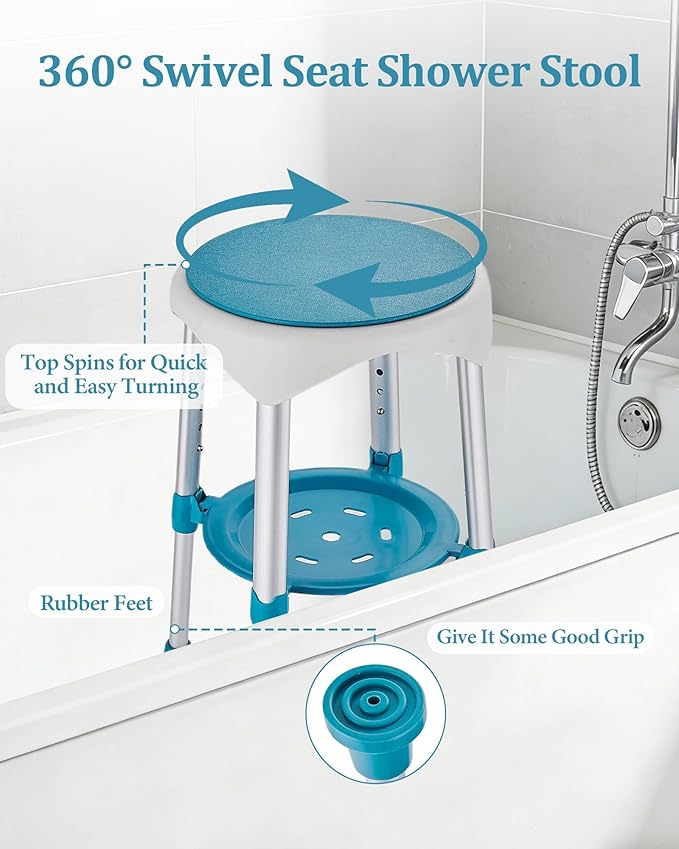 Shower Chair with Storage Tray, Height Adjustable Swivel Shower Stool for Seniors and Adults, 360° Swivel Shower Chair for Bathroom and Inside Shower (Green)