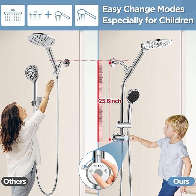 MakeFit Drill-free Dual Shower Head with Handheld Combo Rainfall Shower Head Easy Reach 3-way Diverter Stainless Steel Slide Bar with Height Adjustable Holder Adjustable Rain Showerhead (Chrome)
