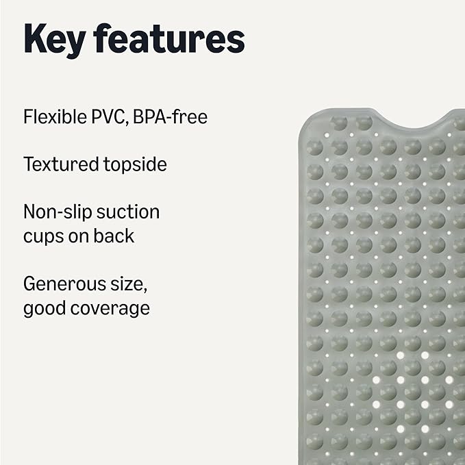 Amazon Basics Non-Slip Bath Mat with Suction Cups for Tub and Shower, Easy to Clean, 40" x 16", Grey
