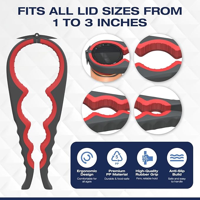 Jar Opener for Weak Hands with Firm Jar Gripper Pads and 2 Non Slip Grip Mats, Multifunction Kitchen Tool Set for Seniors, Easy Lid and Cap Removal (Red)