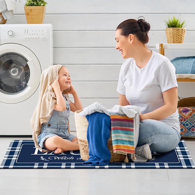 XLHOMO Laundry Room Rugs and Mats, 17"x47" Buffalo Plaid Navy Blue Laundry Room Rug Washable Non Slip, Farmhouse Laundry Mats for Floor, Mudroom, Kitchen, Washroom, Bathroom, Entryway Carpet Decor