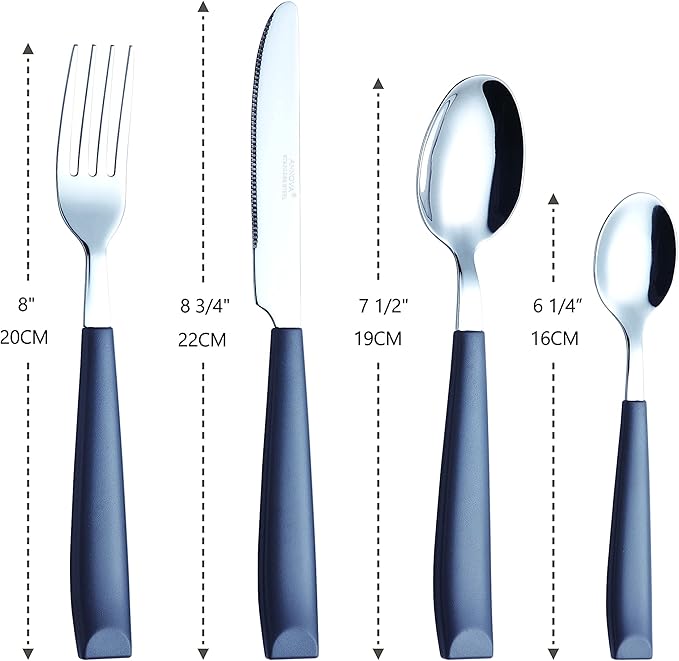 EXZACT 16-Piece Flatware Set for 4 – Colored Stainless Steel Cutlery with Wide Plastic Handles – Comfortable Tableware: Forks, Knives, Spoons, Teaspoons