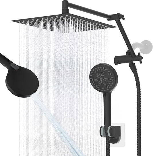 12“ All Metal Black Rain Shower Head with Handheld Spray Combo, High Pressure Rainfall Shower Head with16" Shower Extension Arm, 5“ Handheld Spray Powerful Clean 10-Mode, 3-Way Diverter, Shower Hose