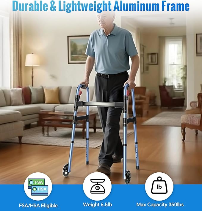 HOMLAND Walkers for Seniors, One-Hand Folding, 8 Height Adjustments, Walkers with Wheels, 2 Skis and 5" Wheels, Lightweight Walker for Seniors, Standard Walkers for Seniors, Aluminum Frame, Blue