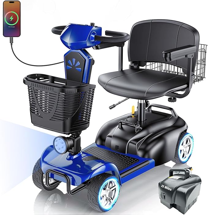 15/25/30/50Miles Eldryvon 4 Wheels Electric Mobility Scooter for Seniors, Dual Basket, 350W Powered Wheelchair with Rotating Seat, Foldable Motorized Scooter for Adults (Blue, 50Miles)