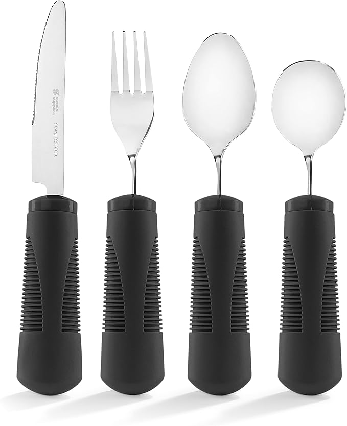 Special Supplies Adaptive Utensils (4-Piece Kitchen Set) Weighted, Non-Slip Handles for Hand Tremors, Arthritis, Parkinson’s Elderly use - Stainless Steel Knife, Fork, Spoons (Black Weighted Bendable)