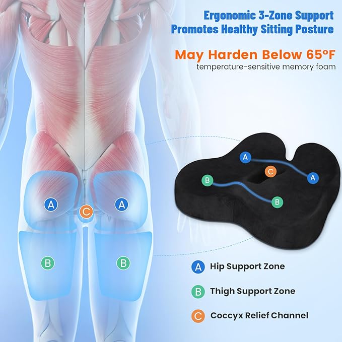 Wheelchair Seat Cushion, Premium Memory Foam Office Chair Cushion, Supportive Donut Pillow for Sciatica, Tailbone & Back Relief, Ergonomic Long Sitting Chair Pad for Car, Airplane, Black
