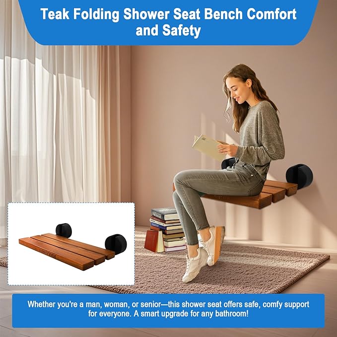 20" Shower Seat Teak Shower Bench, Wall Mounted Fold Down Shower Seats for Adults, Shower Seats for Adults a 400 lbs Capacity, Rust-Resistant Teak Folding Seat Suitable for Indoor Outdoor Use.