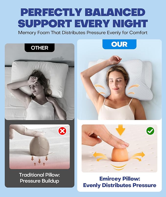 Emircey Clinical-Level Relief Cervical Neck Pillow for Sleeping, Orthopedic Contour Memory Foam Pillow for Side Sleepers, Cooling Reading Pillow for Neck Relief, Ergonomic for Back Stomach Sleepers