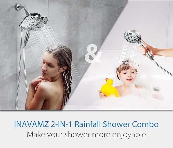 INAVAMZ 2-in-1 Shower Heads with Handheld 2.5GPM: 10” Rain Shower Head & Hand Held Shower Head, 9 Spray Settings Detachable Shower Head with ON/OFF Switch and 15-Stage Filter