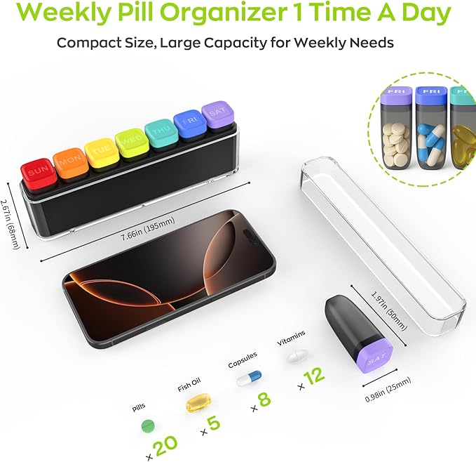 Weekly Pill Organizer 1 Time a Day, HIONXMGA Portable Detachable Travel Pill Box 7 Day, Large Once Daily Pill Holder Case, Color-Coded Dispenser for Vitamin Medicine Supplement Fish Oil, Clear