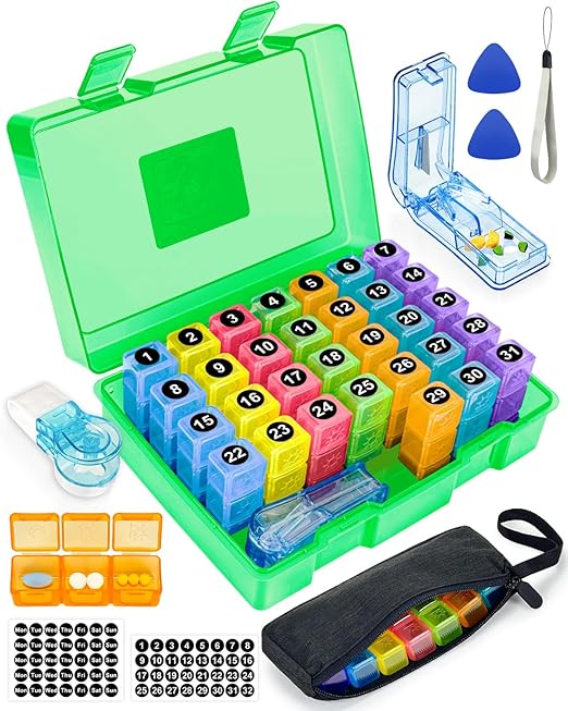 Monthly Pill Organizer 3 Times a Day, FRIWOLE Medicine Box with Portable Weekly Pill Bag, Keychain Pill Case, Pill Cutter and 2 Sticker (Green, 3 Times a Day)