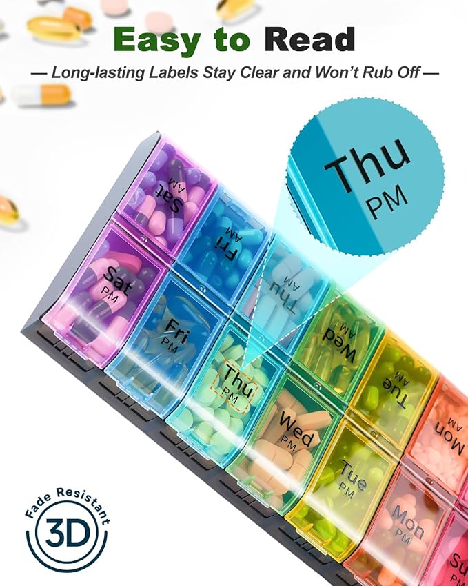 Extra Large Pill Organizer 2 Times a Day, Weekly XL AM PM Pill Case, 7 Day Pill Box Twice a Day, Oversized Daily Medicine Organizer for Vitamins, Big Pill Container, Medication Dispenser (Rainbow)