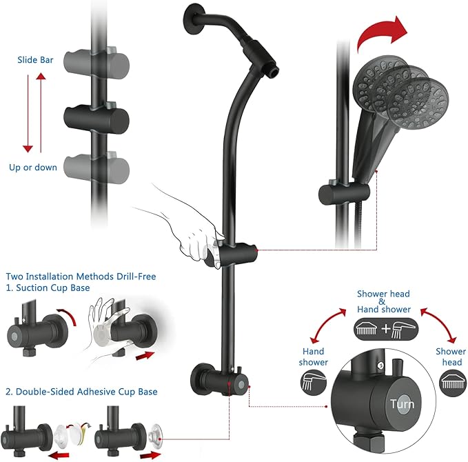 High Pressure 48-Settings Shower Head with Handheld Shower,Drill-Free 3-Way Diverter for Easy Reach,Adjustable Height Slide Bar Dual Shower Head Combo Set - Matte Black