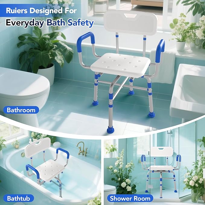 Swivel Shower Chair with Arms and Back, 500 lbs Heavy Duty Adjustable Shower Seat for Inside Shower & Bathtub, 360° Rotating Bath Chair for Elderly, Disabled, Handicap, Bariatric, Pregnant