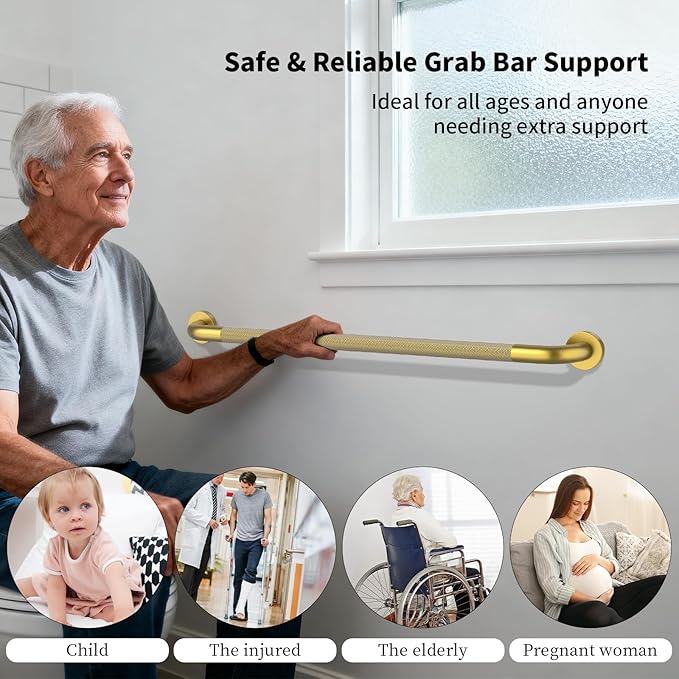 Brushed Gold Grab Bar 36 Inch, iHansee Anti-Slip Bathroom Grab Bar w/Knurled Grip, Stainless Steel Safety Handrail for Toilet Bathtub Stair, Wall Mounted Shower Handle Handicap Bars for Senior Elderly
