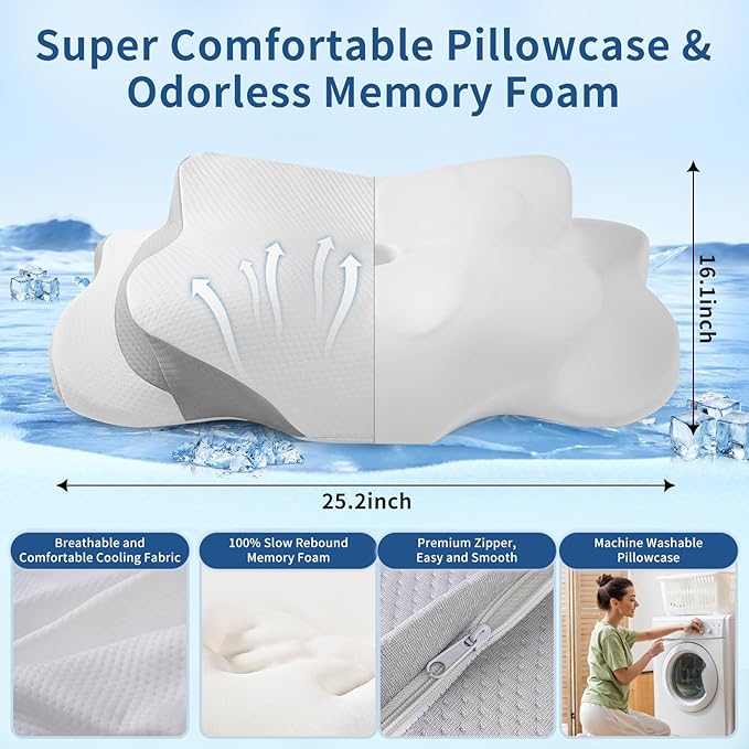 Cervical Neck Pillow for Pain Relief - Memory Foam Cooling Pillow for Side Sleepers, Adjustable Orthopedic Pillow with Removable Breathable Cover, Neck Support Pillow for Adults