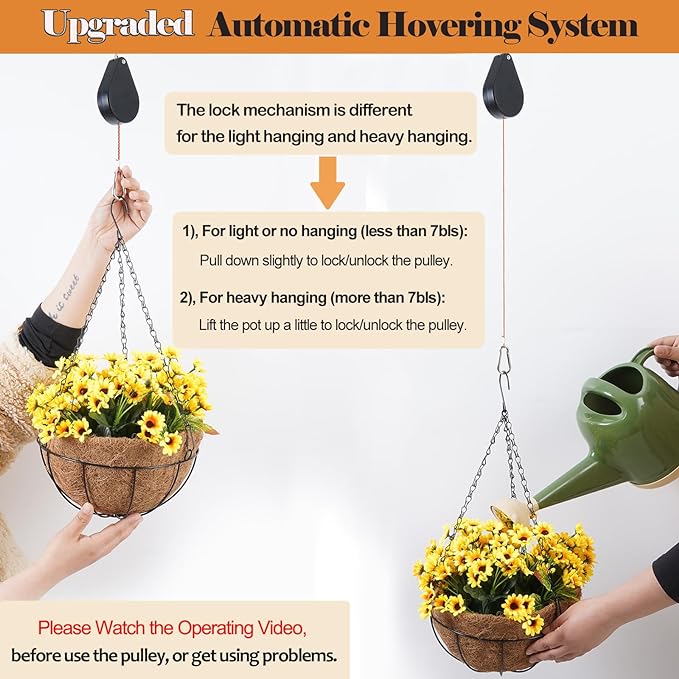 WROSWT Upgraded Retractable Plant Hanger,Plant Pulleys for Hanging Plants,Easy to Raise and Lower,Auto Lock,Heavy Duty, Adjustable Hook for Flower Pots,Birds Feeder (1 Pack, Black)
