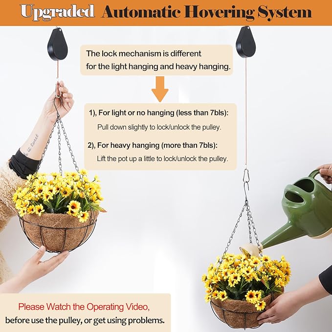 WROSWT Upgraded Retractable Plant Hanger,Plant Pulleys for Hanging Plants,Easy to Raise and Lower,Auto Lock,Heavy Duty, Adjustable Hook for Garden Baskets Pots,Birds Feeder,(3Pcs,Black)
