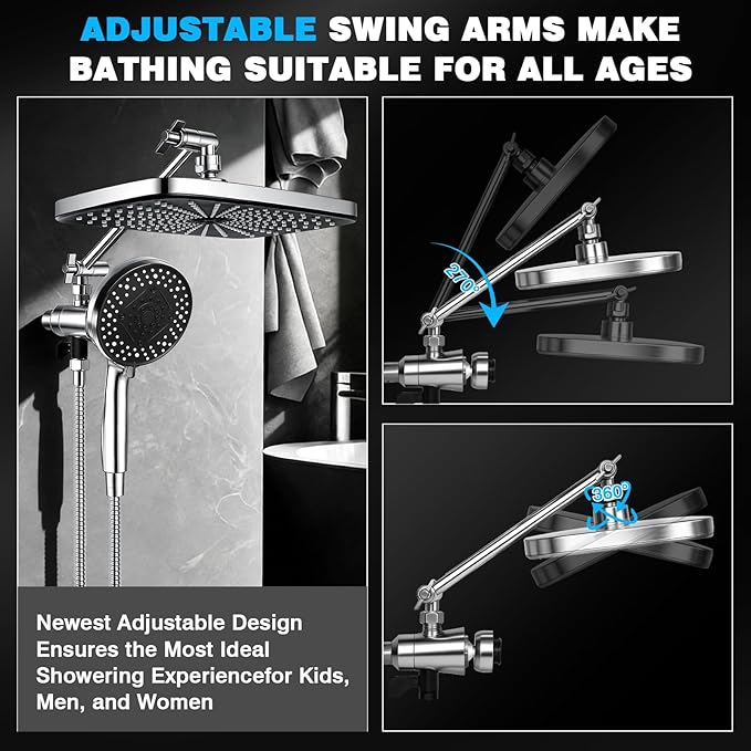 Rainfall Shower Head With Handheld Combo, Adjustable Drivse Filtered Shower Heads with Handheld Spray Combo, One-piece High Pressure, Built-in Magnetic Docking and Power Jets