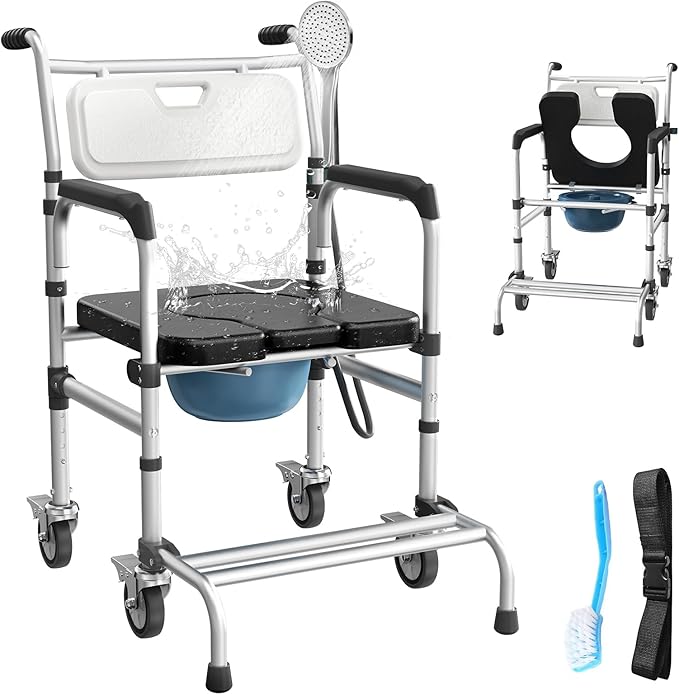 4 in 1 Rolling Bedside Commode Chair with Wheels for Elderly, Shower Chair with Handles, Adjustable Height Raised Toilet Seat for Seniors,Disabled and Pregnant Holds Up to 350 lbs (Black)
