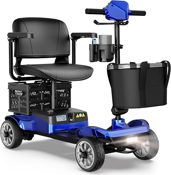 Foldable 4-Wheel Mobility Scooter for Adults – Portable Motorized Scooter with 330 lbs Capacity, Detachable Battery, Dual Baskets, Cup & Phone Holder, Blue