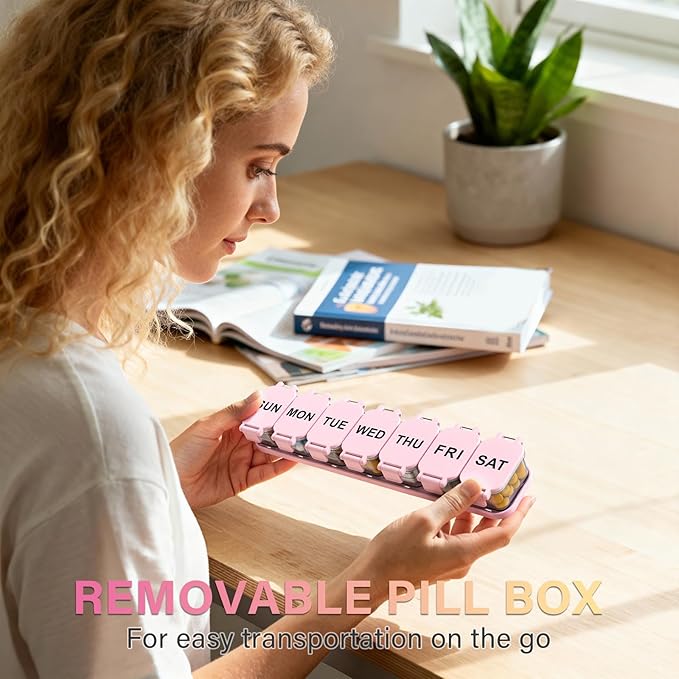 Extra Large Weekly Pill Organizer 7 Day - Portable Daily Pill Box with 7 Detachable Compartments, Vitamin Holder and Medicine Organizer for Supplements, Home and Travel, Pink