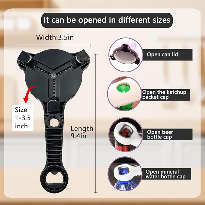4-In-1 Jar Opener, Adjustable Stainless Steel Ergonomic Jar Opener Tool For Seniors, Bottle And Jar Openers For Arthritic Hands, Can Openers For Beer, Sauces, And Canned Goods (Black)