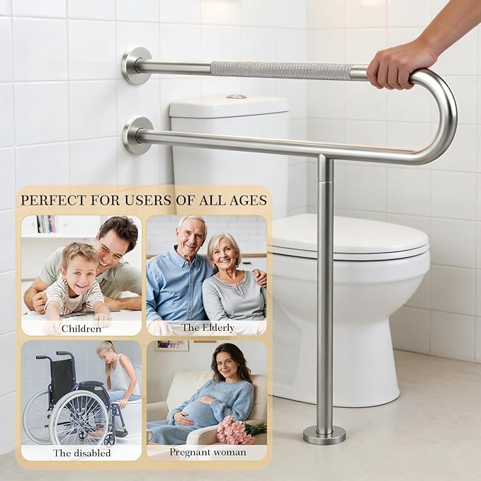 Toilet Grab Bar Support Rail 27.5 Inch, Anti-Slip Knurled Brushed Nickel Safety Bar, Handicap Bathroom Handrails for Elderly Disabled Pregnant, 304 Stainless Steel Wall to Floor