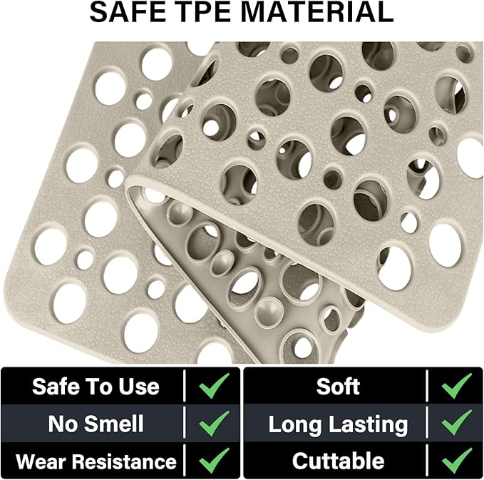 Square Shower Mat Non Slip, 27" x 27" Large Shower Mats for Inside Shower, Soft TPE Shower Floor Mat with Suction Cups and Big Drain Holes, Anti Slip Shower Stall Matt, Khaki