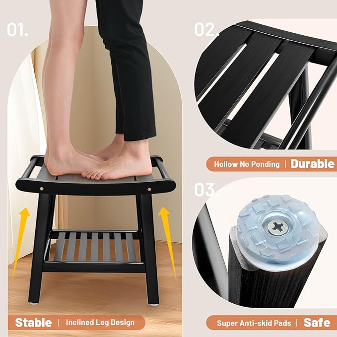 Bamboo Shower Bench Stool, Shower Chair for Inside Shower with 2-Tier Storage Shelf, Waterproof Shower Seat for Shaving Legs, Spa Bathroom Shower Bench-Black