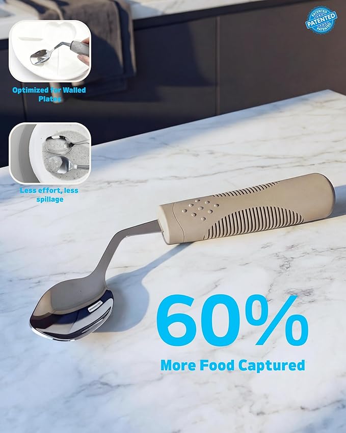 Adaptive Utensils 4-Piece Set | Weighted Silverware for Hand Tremors & Parkinson's | 42° Angled Rocker Knife & Shovel Spoon | 200g Weighted Utensils for Arthritis, Elderly (Grey,
