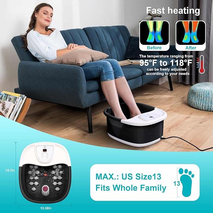 ECARBME Foot Spa Bath Massager with Heat, Foot Bath with 22 Massage Rollers, Temperature Control, Jets, Bubbles, Epsom Salt and Vibration, Pedicure Foot Spa for Relaxation - Black