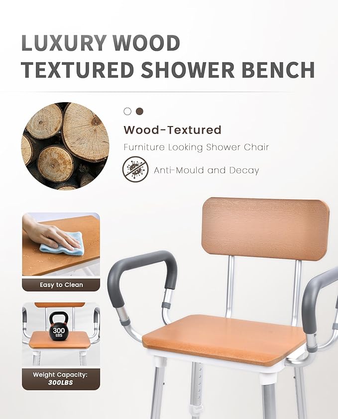 Sangohe Shower Chair for Inside Shower, Heavy Duty Shower Seat for Elderly and Disabled, 400 lbs, Wooden Seat Board and Back, Height Adjustable, 796D-A