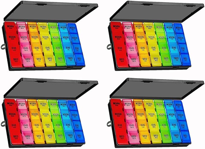 4Pack Weekly Pill Organizer 4 Times a Day, 7-Day Pill Boxes, Monthly Medication Organizer 28 Days Portable Compartments & Moisture-Proof Outer Case for Vitamins, Fish Oils, Supplements (Black)