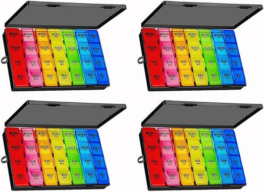 4Pack Weekly Pill Organizer 4 Times a Day, 7-Day Pill Boxes, Monthly Medication Organizer 28 Days Portable Compartments & Moisture-Proof Outer Case for Vitamins, Fish Oils, Supplements (Black)