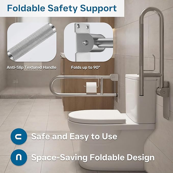24-Inch Foldable Shower Grab Bar – 90° Flip-Up Design, Premium 304 Stainless Steel, Anti-Slip Grip with Built-in Paper Holder, Wall-Mounted Handicap Safety Rail, Supports 300–350 lbs