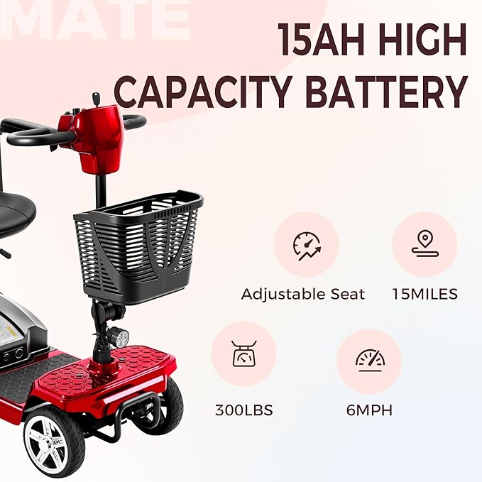4 Wheel Mobility Scooter for Seniors & Adults 15 Mile Range, 6 MPH Powered Mobility Scooter with 300 lbs Capacity, Foldable Compact Mobility Scooter for Travel, Electric Wheelchair Red