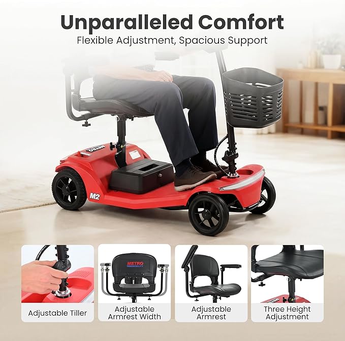 Mobility Scooter for Seniors and Adults M2 Red, USB Port for 20 Miles Long Range Foldable Electric Scooter, 260W Motor, 330 LBS Heavy Duty Capacity, Portable and Lightweight for Travel