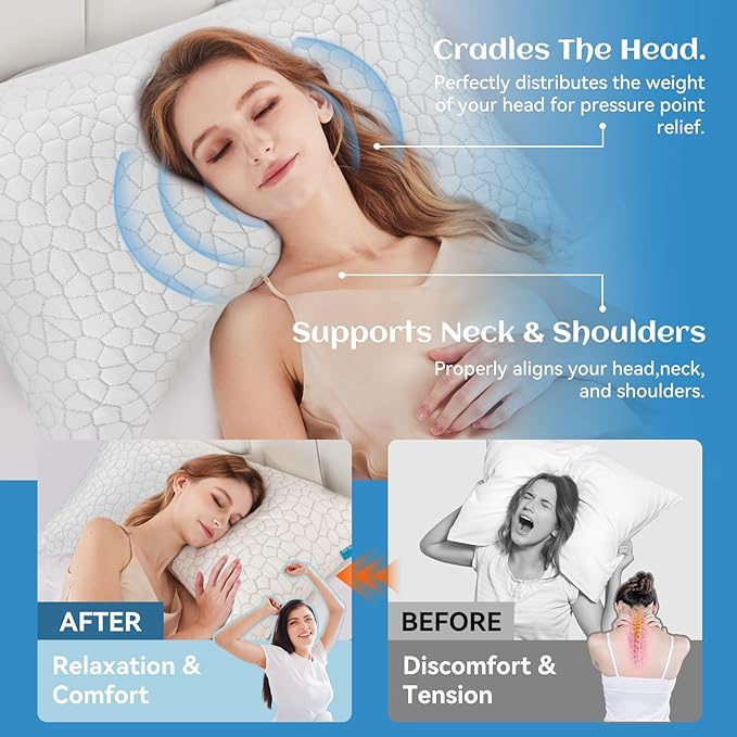 Side Sleeper Pillows for Adults 2 Pack, Cervical Pillow for Side Sleepers, Cooling Pillow with Ergonomic Design, Adjustable Crescent Shredded Memory Foam Pillows for Neck and Shoulder Pain Relief