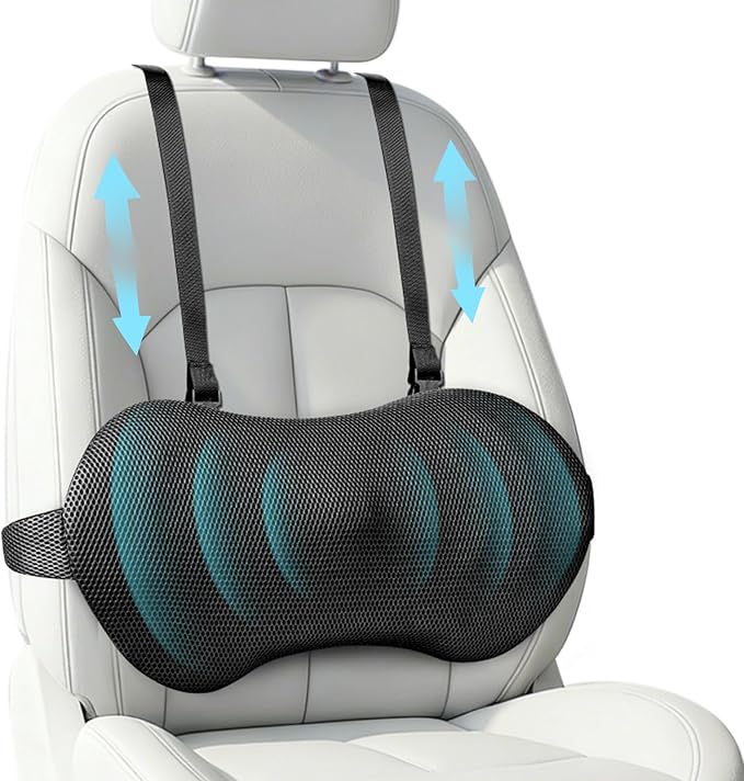 YFONG Lumbar Support Pillow for Car & Office Chair, Memory Foam Back Cushion with Adjustable Straps Non-Slip, Firm Support for Lower Back Pain Relief, Black
