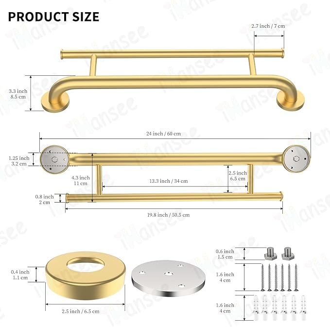 Brushed Gold Grab Bar 24 Inch w/Towel Holder, iHansee Stainless Steel Towel Rack Shower Support Balanced Support Handle, Wall Mount Safety Handrail Grab Rail for Elderly Senior Handicap Disabled