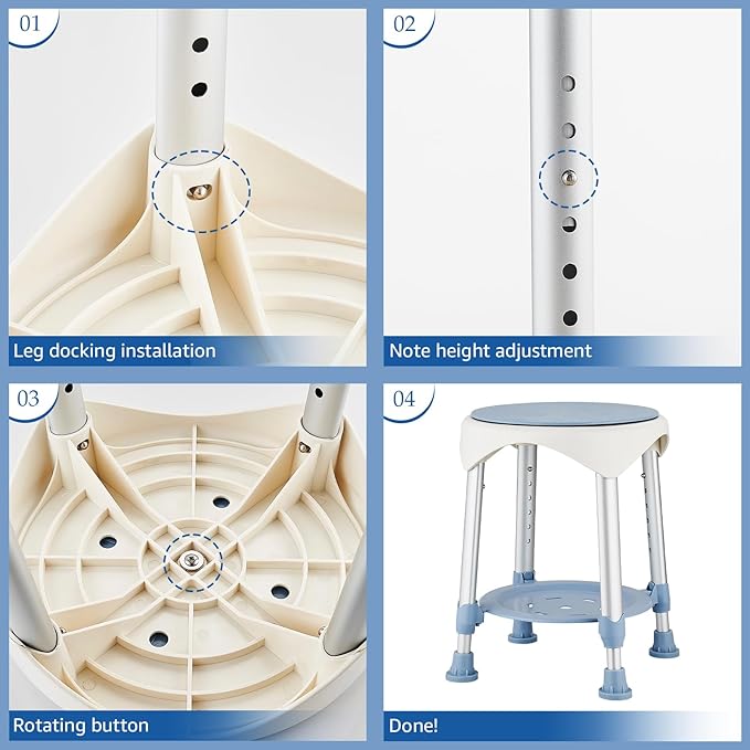 Shower Stool Chair for Inside Shower, Upgrade Small Corner Plastic Stool for Seniors Adult, 360° Swivel Shower Seat Stool for Bathroom, 6-Level Adjustable Height Bath Chair with Shelf
