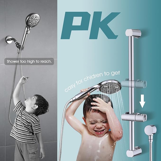 Hand Shower with Slide Bar, High Pressure 10 Setting Handheld Shower Head, Adjustable Height 24" Slide Bar, Wall Supply Elbow and 6.6ft Extra Long Shower Hose - Chrome