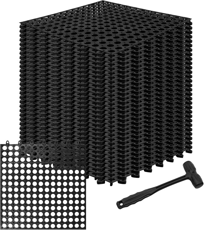 24 Pack Garage Floor Tiles, 12x12 Inch Interlocking Drainage Tiles Non-Slip Deck Tile with Holes for Bathroom, Pool Deck, Gym, Garage, Kitchen & Wet Areas, Easy Splicing Anti-Fatigue Mat, Black
