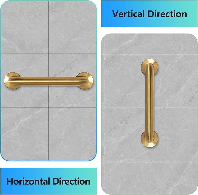 Shower Grab Bar, 2 Pack 12 Inch Gold Bathroom Safety Bar, 1.25" Diameter 304 Stainless Steel Grab Bars for Bathtubs and Showers, Handicap Shower Grab Bar for Seniors Elderly