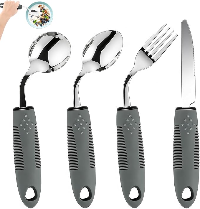 KintKita Adaptive Utensils for Elderly 4 Piece, 45°Angled Parkinsons Utensils for Elderly, Arthritis,2.9 oz Weighted Silverware for Elderly, Arthritis, Weak Hand Grip, Left-Handed Use